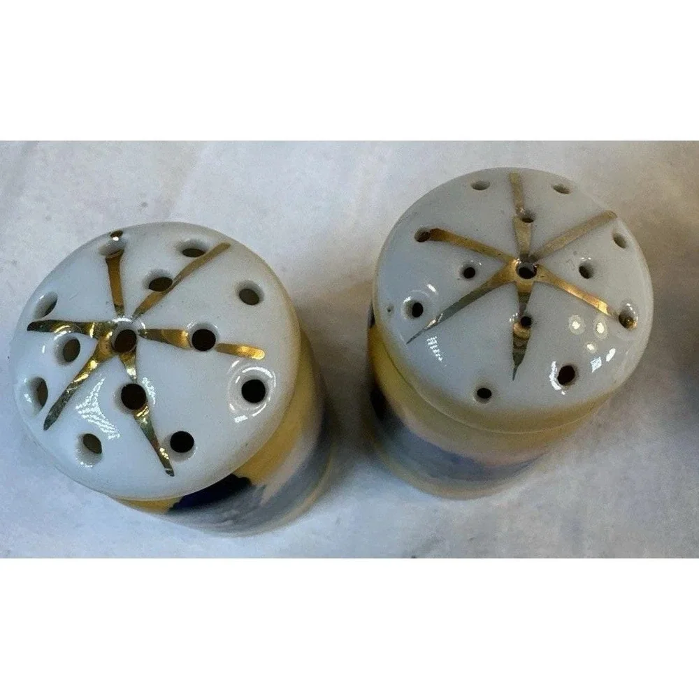 Vintage Japanese Lusterware Condiment Set: Salt Pepper Mustard Pot Spoon Tray